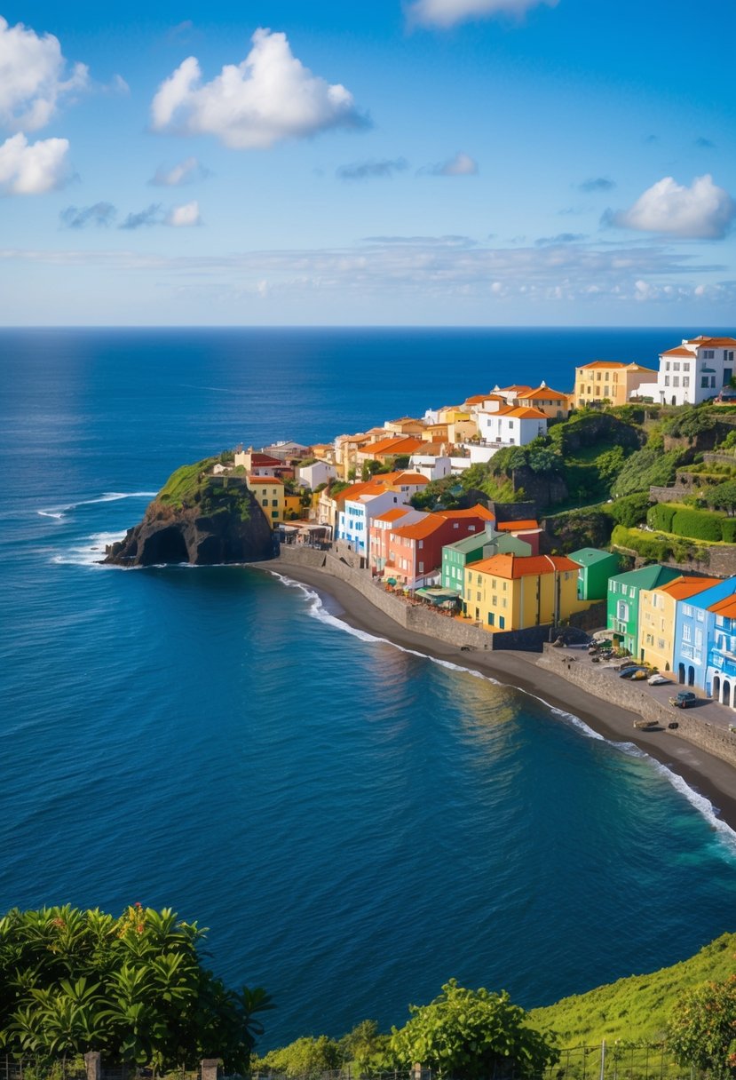 A picturesque coastal town in Madeira, Portugal, with colorful houses and lush greenery, overlooking the sparkling blue ocean on a sunny June day