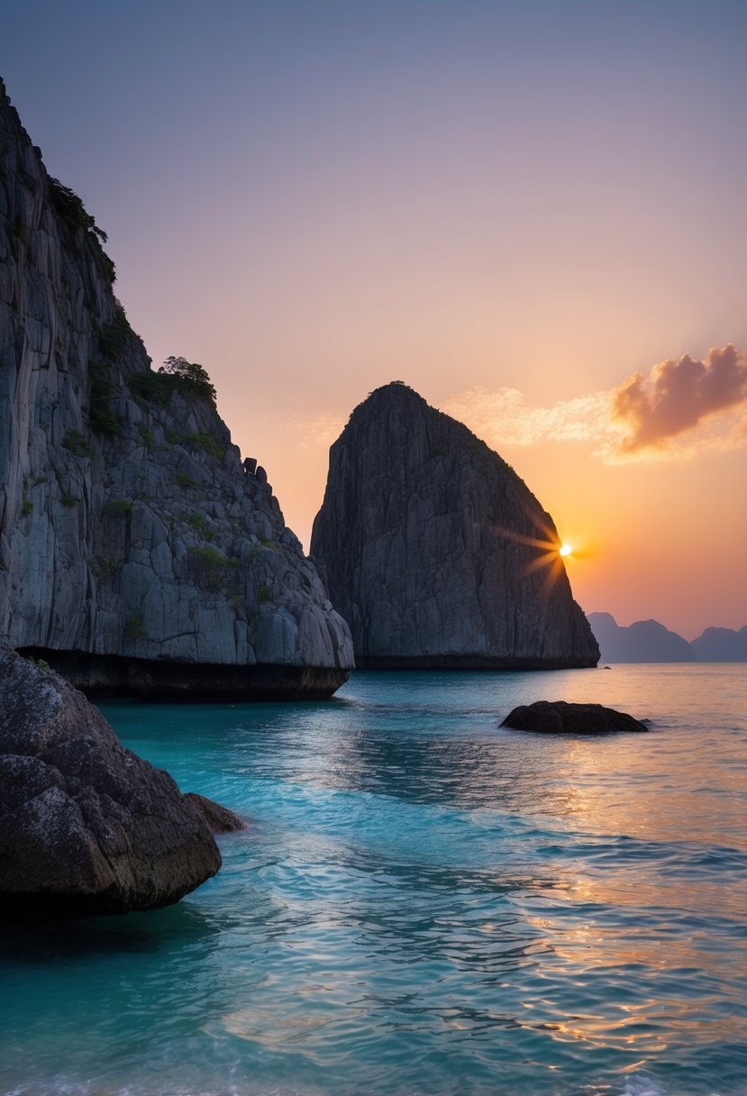The sun sets over the rugged granite rock beaches of Belitung, Indonesia, casting a warm glow on the tranquil waters and creating a romantic atmosphere for honeymooners