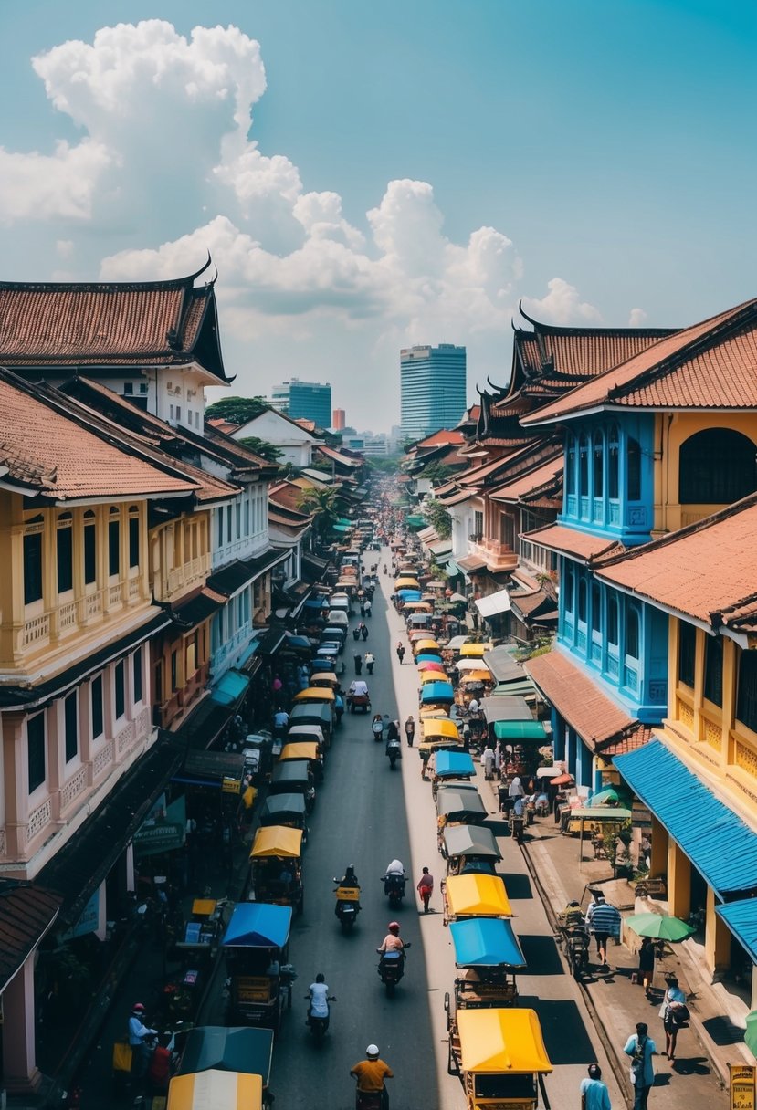 A bustling Jakarta street lined with colorful traditional Indonesian buildings and bustling with activity, capturing the essence of the country's rich heritage