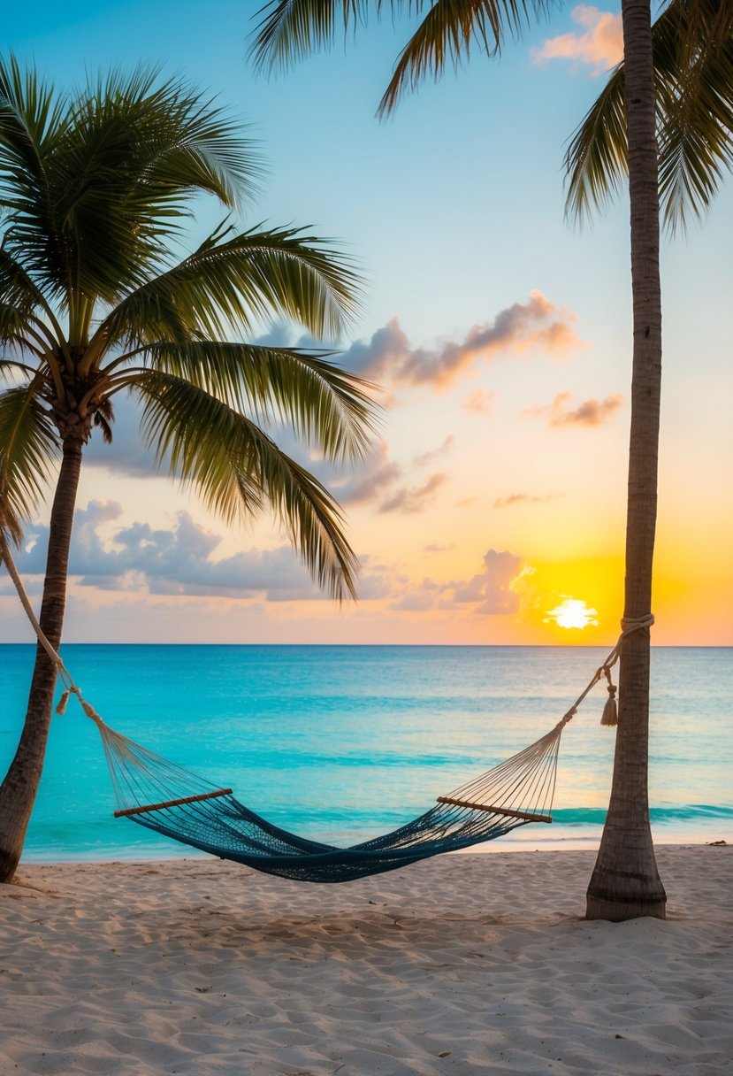 A serene beach with turquoise waters, palm trees, and a hammock swaying in the breeze, overlooking a picturesque sunset in Jamaica