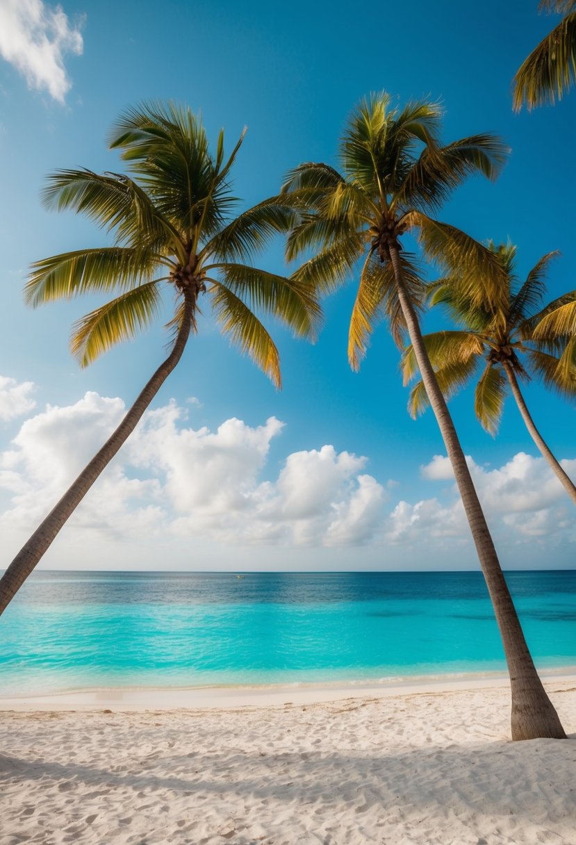 Turquoise waters meet white sand under a cloudless sky at Negril's Seven Mile Beach in Jamaica. Palm trees sway in the gentle breeze, creating a serene and romantic atmosphere for honeymooners