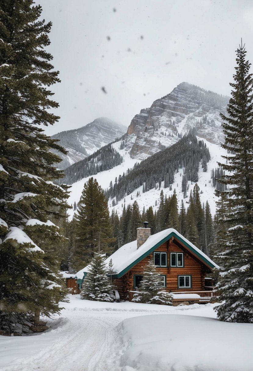 Snow-covered mountains and evergreen trees surround a cozy cabin in Aspen, Colorado. A light snowfall dusts the landscape, creating a serene and romantic winter scene