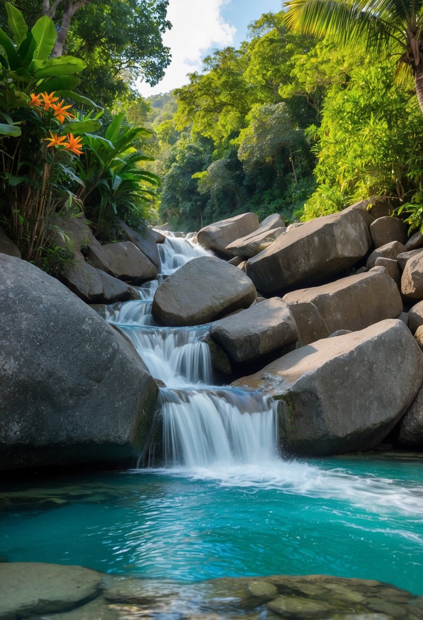 Crystal clear water cascades over smooth limestone rocks at Dunn's River Falls, surrounded by lush greenery and tropical flowers