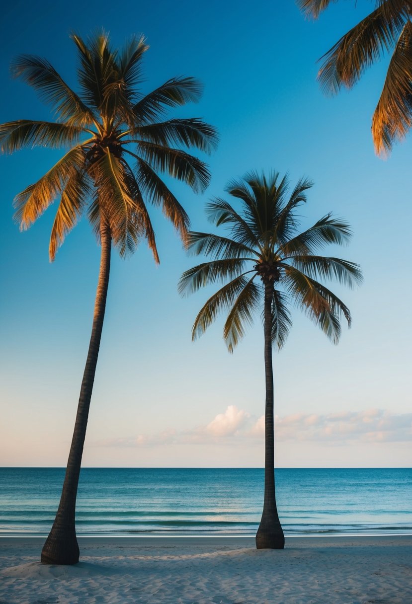 A serene beach with palm trees and a clear blue sky, with the ocean stretching out to the horizon