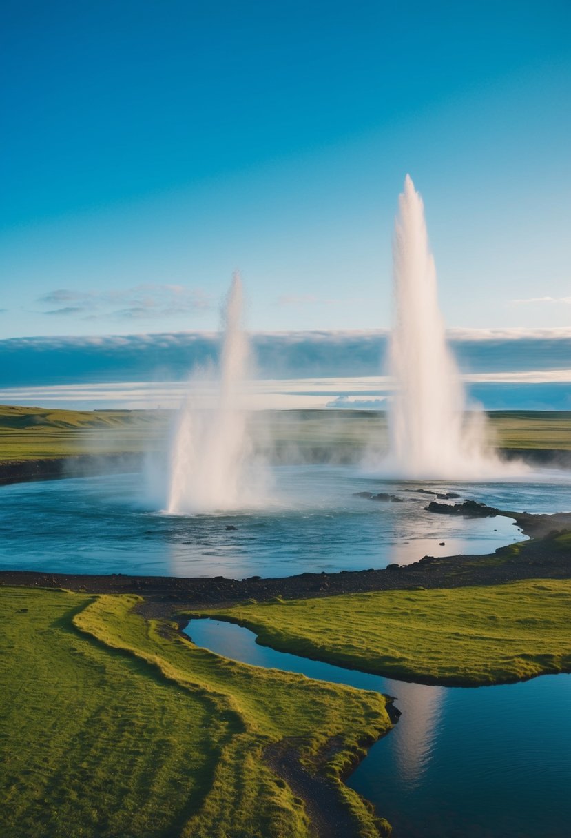 A serene landscape of Iceland's Golden Circle in July, featuring majestic waterfalls, geysers, and expansive green fields under a clear blue sky