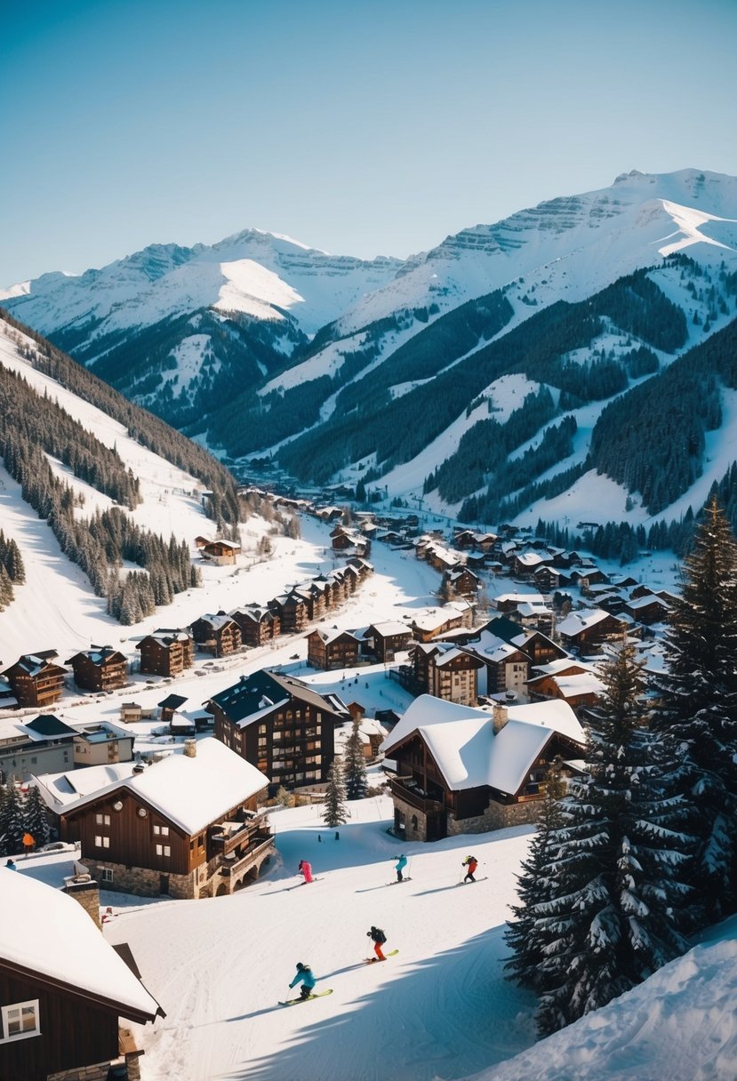 Snow-covered mountains overlook a quaint town nestled in a valley. Skiers and snowboarders glide down the slopes, while cozy cabins dot the landscape