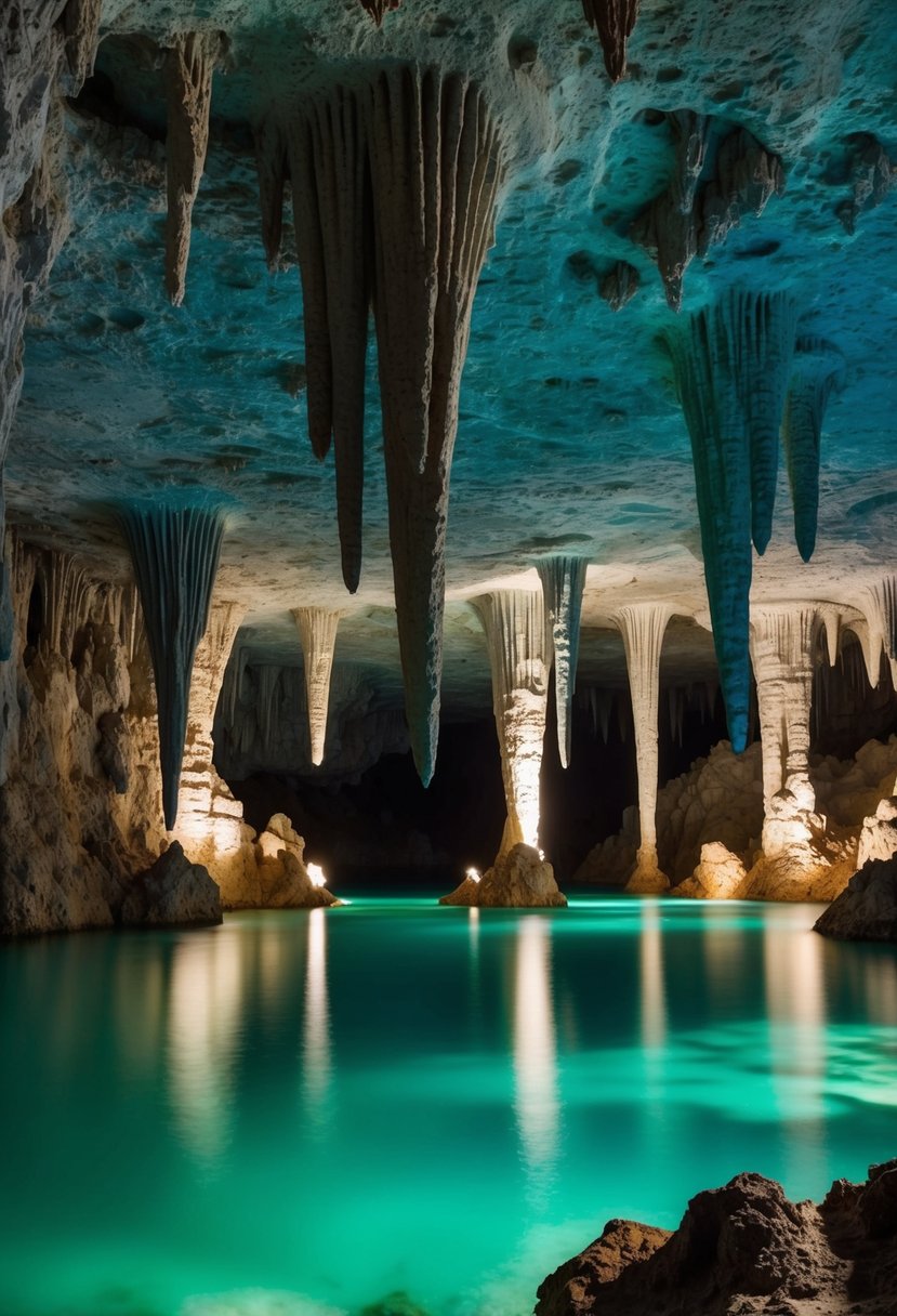 A serene cave with emerald waters and stalactites, illuminated by soft natural light filtering through the openings in the ceiling