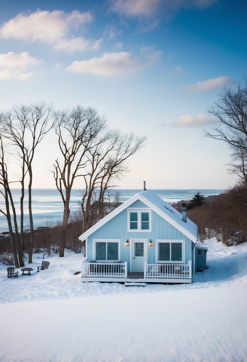 A snowy landscape with a cozy beachfront cottage, surrounded by bare trees and a frozen ocean in the distance
