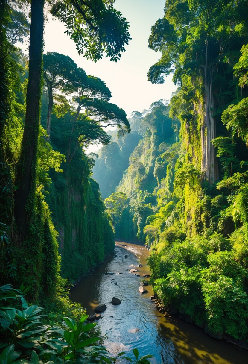 Lush Borneo rainforest with towering trees, vibrant foliage, and a winding river. Sunlight filters through the dense canopy, casting dappled shadows on the forest floor