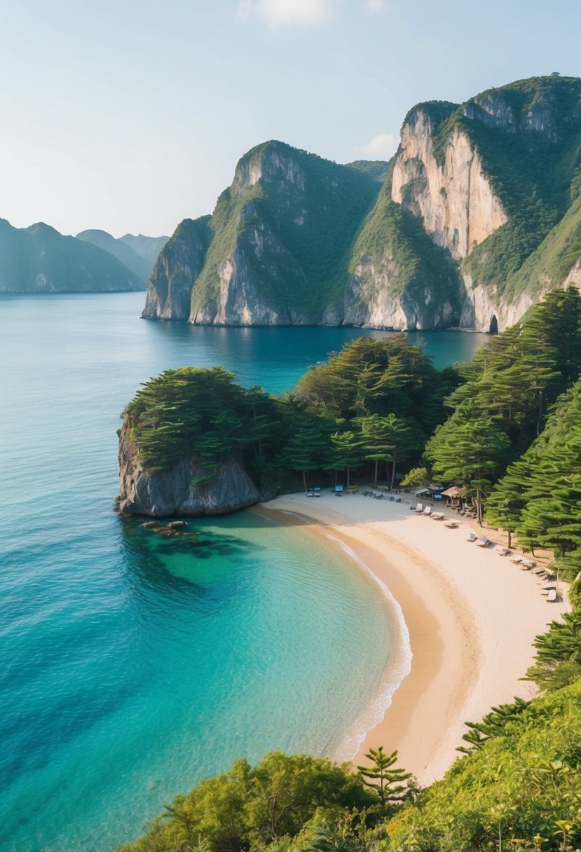 A tranquil beach with crystal-clear waters and lush greenery, nestled against dramatic cliffs on Ulleungdo Island, South Korea