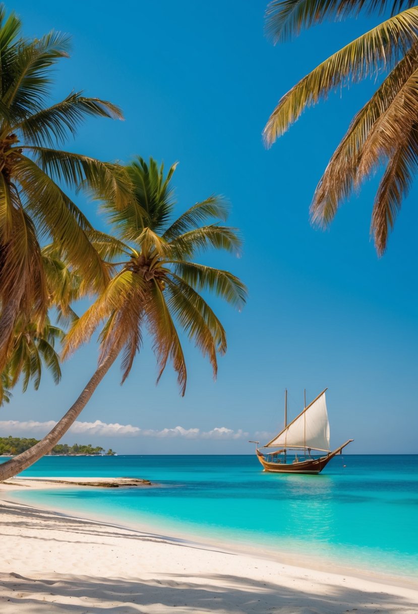 A serene beach at Lamu Island, with palm trees, clear blue waters, and a traditional Swahili dhow sailing in the distance