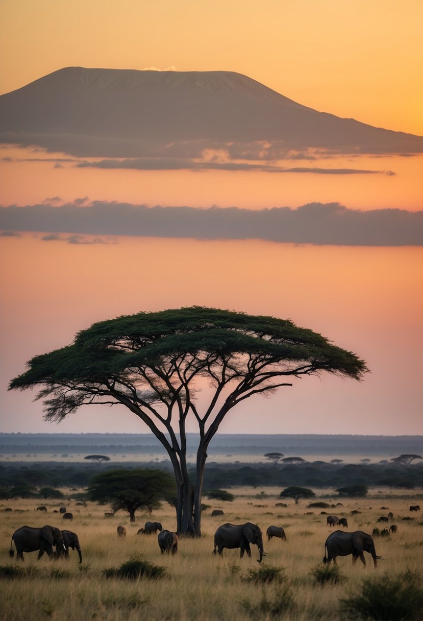 Lush savannah with grazing wildlife, iconic Mount Kilimanjaro backdrop, and golden sunset at Amboseli National Park, Kenya
