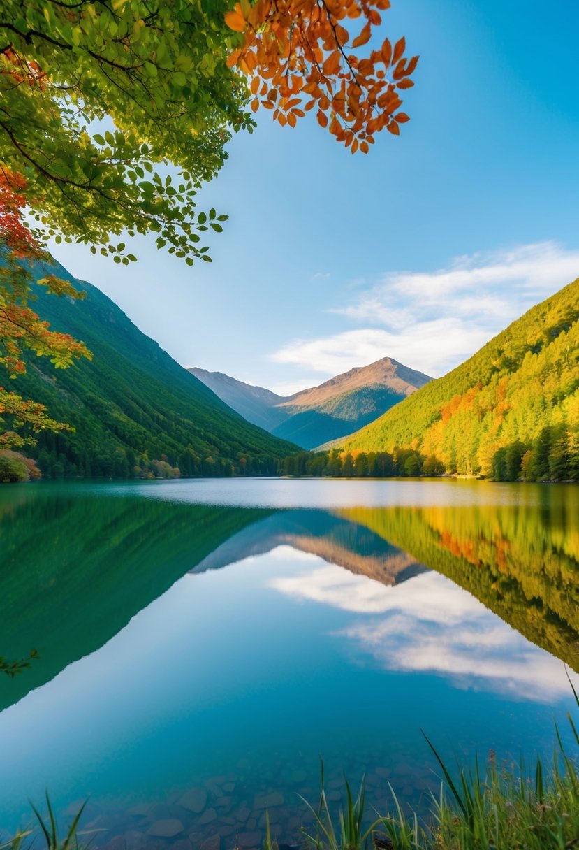 Lush green mountains surround a serene lake, with colorful foliage and a clear blue sky above