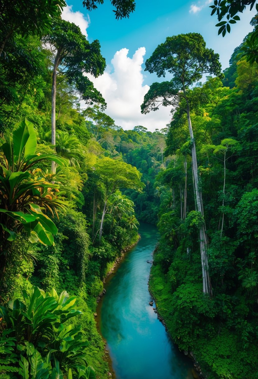 Lush jungle with towering trees, vibrant flora, and a winding river in Taman Negara, Malaysia