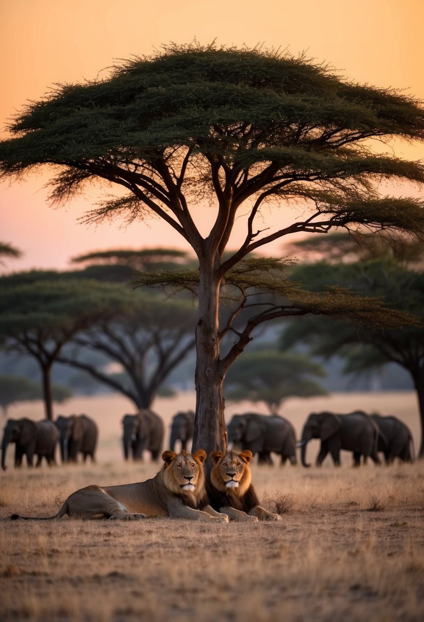 A pair of lions rest under the shade of a towering acacia tree in Tsavo National Park, while a herd of elephants graze nearby at sunset