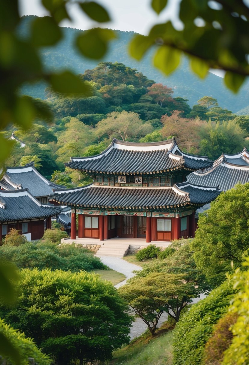 A serene Hanok village nestled among lush greenery, with traditional Korean architecture and a tranquil atmosphere perfect for a honeymoon getaway