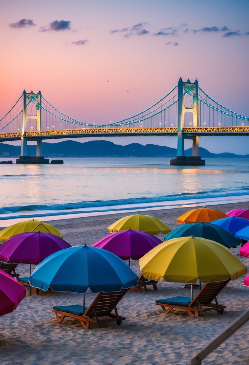 The sun sets over Gwangalli Beach, with colorful umbrellas dotting the sandy shore and the iconic Diamond Bridge lit up in the background
