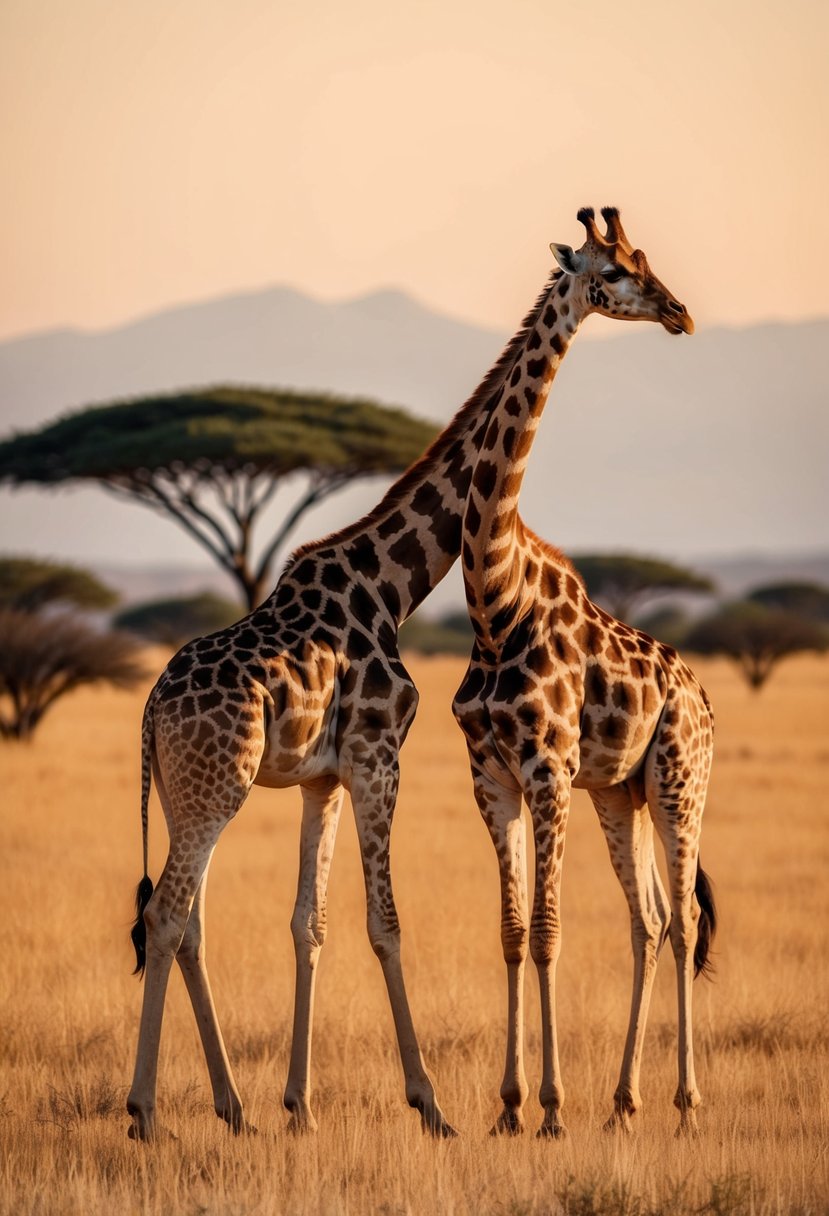 A couple of giraffes grazing in the golden savannah of Samburu National Reserve, with acacia trees and distant mountains in the background