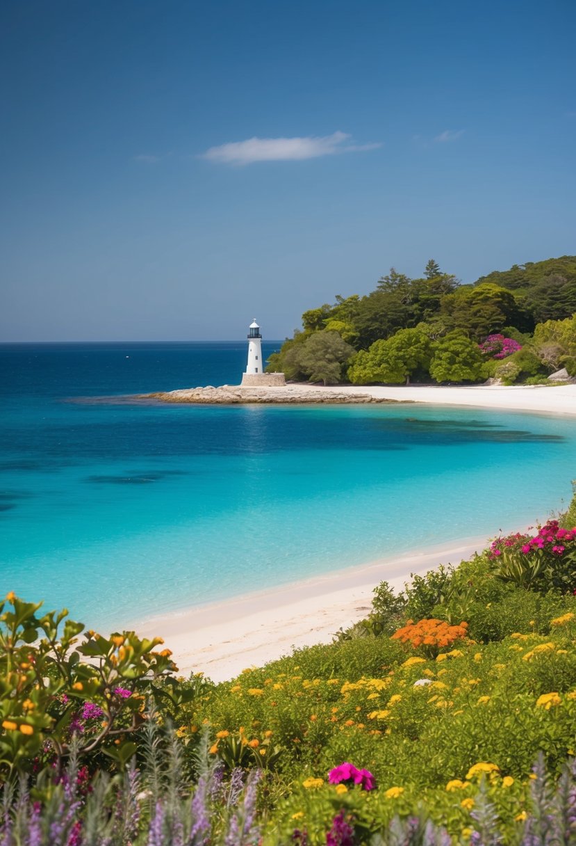 A secluded beach with crystal clear waters, surrounded by lush greenery and colorful flowers. A small, picturesque island with a charming lighthouse in the distance