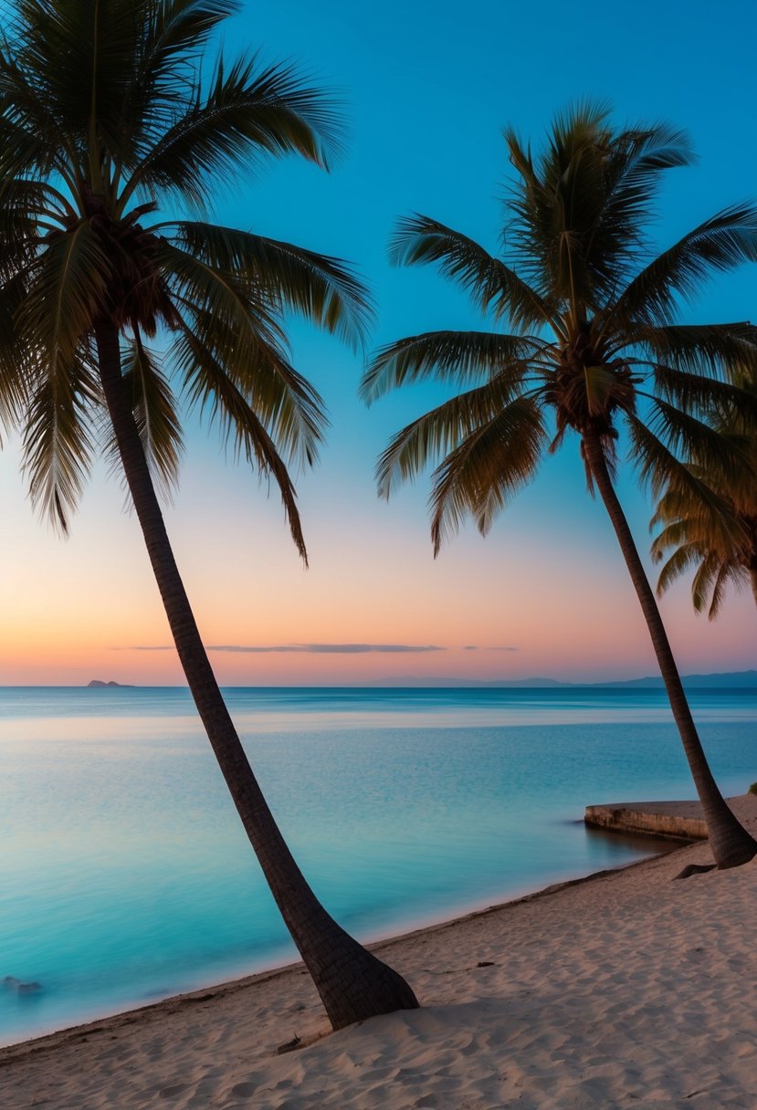 A serene beach on Chale Island, Kenya, with palm trees, clear blue waters, and a romantic sunset
