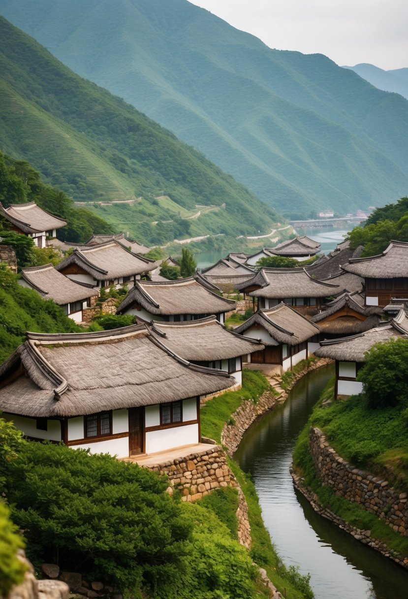 A serene traditional Korean village with thatched-roof houses nestled among lush green mountains and a winding river