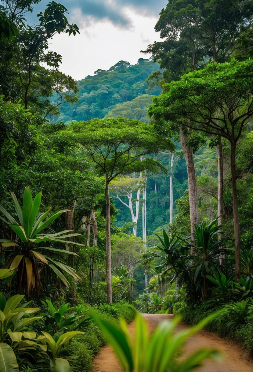 A lush jungle landscape in Kaudulla National Park, Sri Lanka, with towering trees, vibrant foliage, and a serene atmosphere
