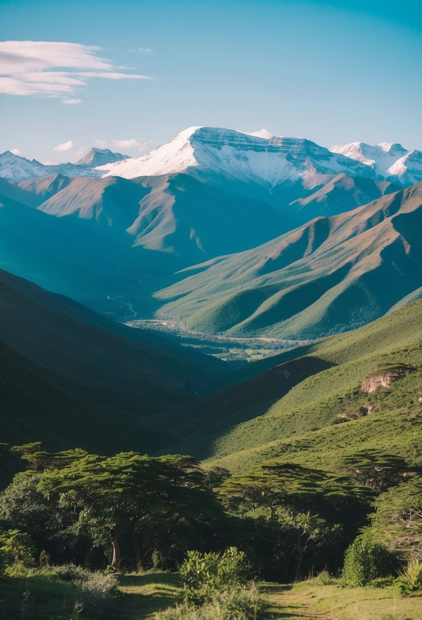 A serene mountain landscape with lush greenery, snow-capped peaks, and a clear blue sky, perfect for a romantic honeymoon in Kenya