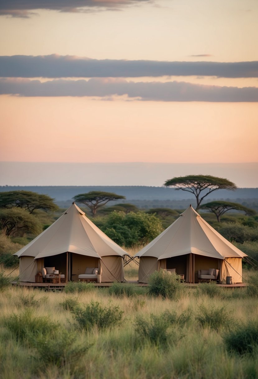 A pair of luxurious safari tents nestled in the savannah, surrounded by lush greenery and wildlife at Ol Pejeta Conservancy in Kenya