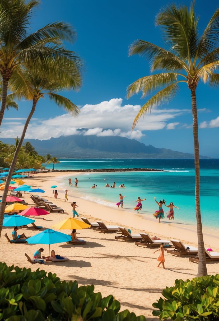 Aulani Resort: palm trees, sandy beach, turquoise water, colorful umbrellas, kids playing in the sand, couples lounging, hula dancers performing by the ocean