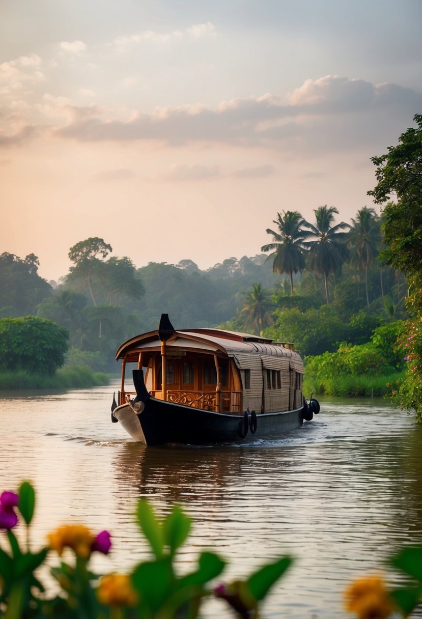 A serene houseboat glides through the tranquil backwaters of Kerala, surrounded by lush greenery and colorful flowers