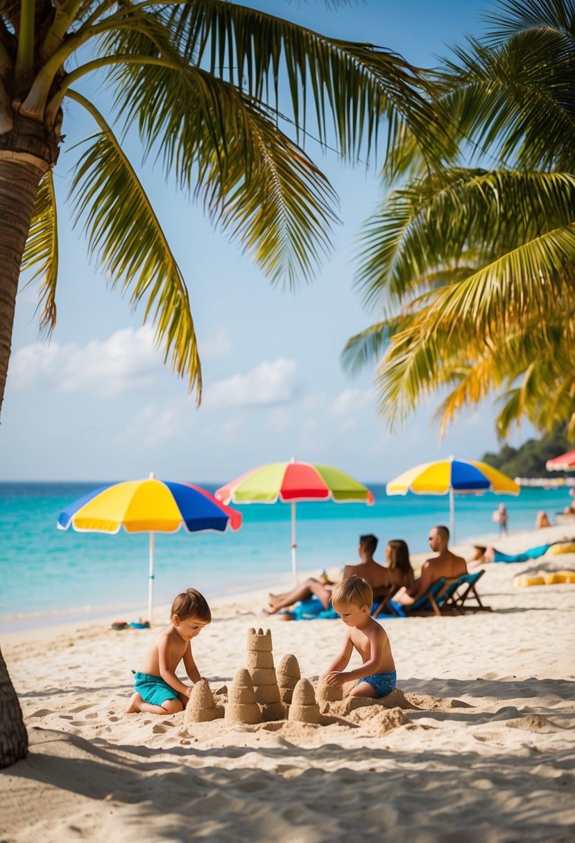 A sunny beach with palm trees, crystal-clear water, and colorful beach umbrellas. Kids building sandcastles while parents relax in the background