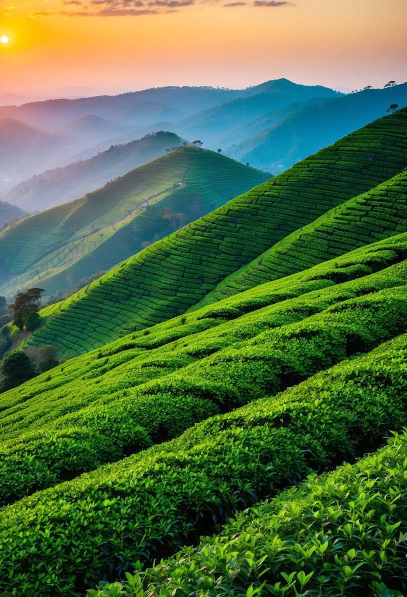 Rolling hills of lush green tea plants in Munnar, Kerala. The sun sets over the picturesque landscape, casting a warm glow over the tranquil tea estates