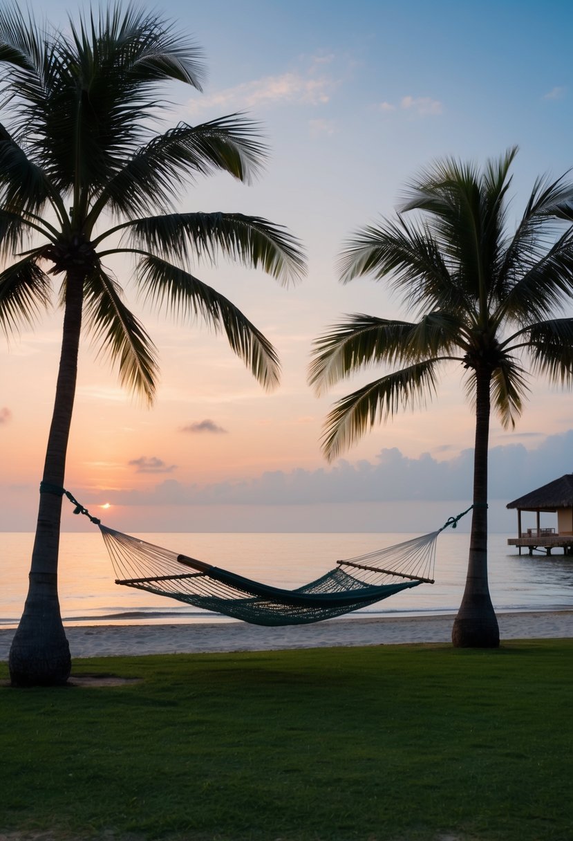 A secluded beach at sunset, with a hammock strung between two palm trees and a small bungalow in the background