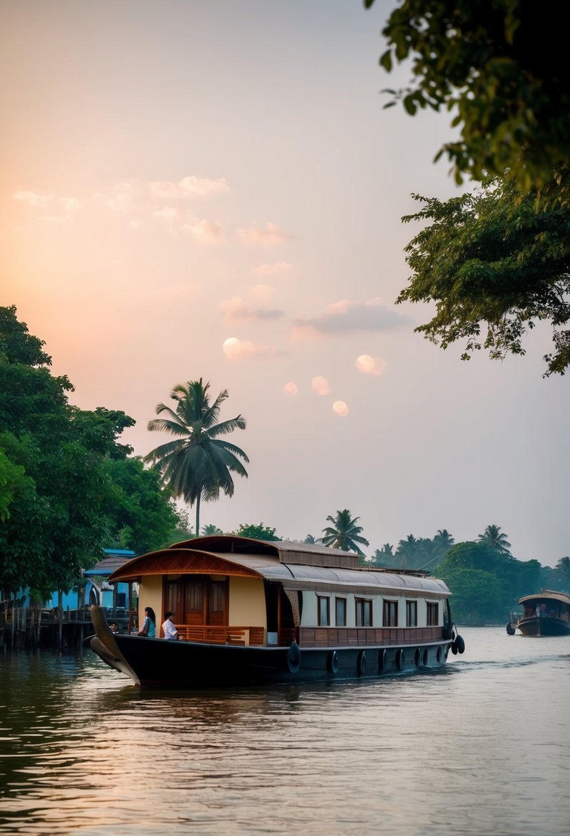 A serene houseboat gliding through the tranquil backwaters of Alleppey, surrounded by lush greenery and traditional Kerala architecture