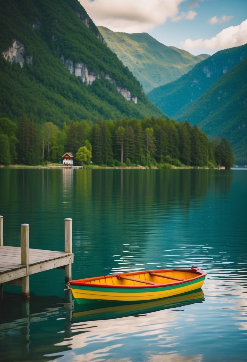 A serene lake surrounded by lush green mountains, with a small dock and a colorful rowboat floating on the calm water