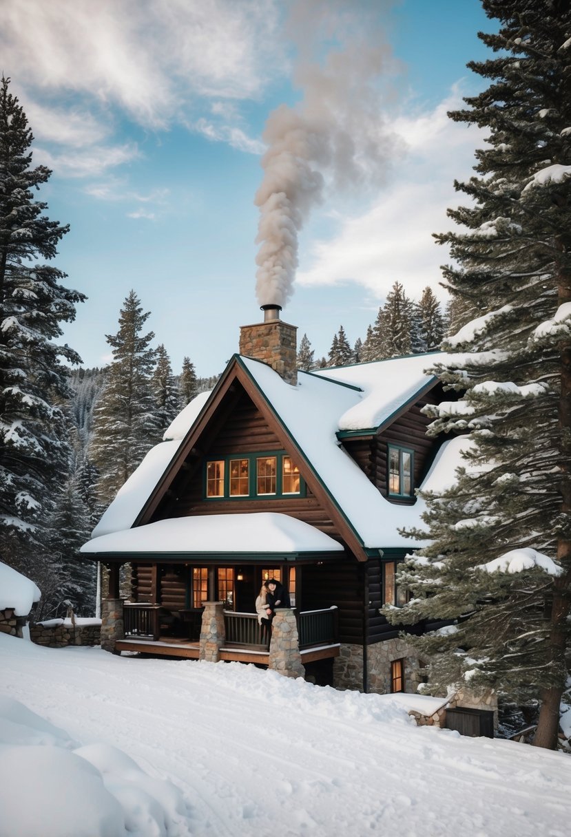 A cozy cabin nestled among snow-covered trees in Stowe, Vermont. Smoke rises from the chimney as a couple enjoys a quiet honeymoon retreat