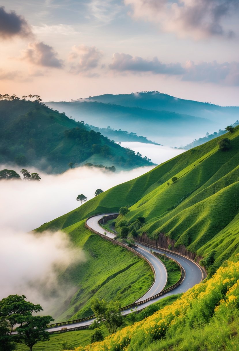 Lush green hills with winding roads, dotted with colorful flowers and surrounded by misty clouds at Vagamon Hill Station in Kerala