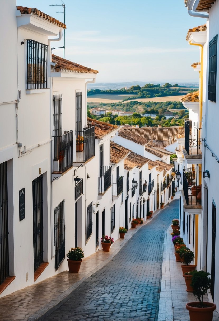 A quiet street in Ronda, Spain, lined with charming white buildings and colorful flower pots, with a view of the beautiful countryside in the distance