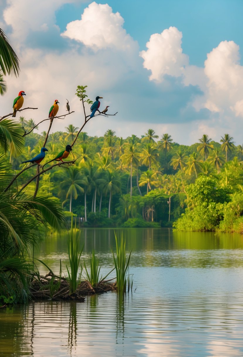 A tranquil lake surrounded by lush greenery, with colorful birds perched on branches in Kumarakom Bird Sanctuary, a serene honeymoon destination in Kerala