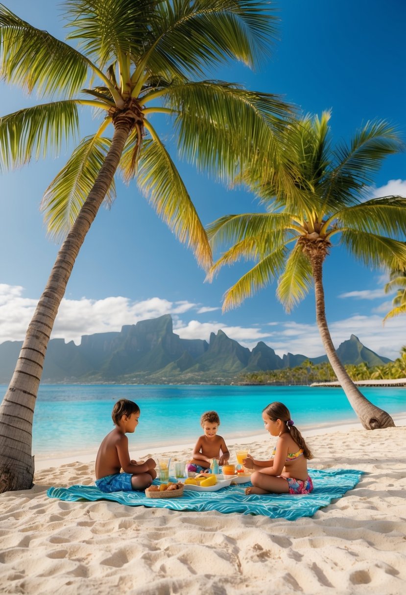A family enjoys a beach picnic under palm trees, while children play in the crystal-clear waters of Tahiti, French Polynesia