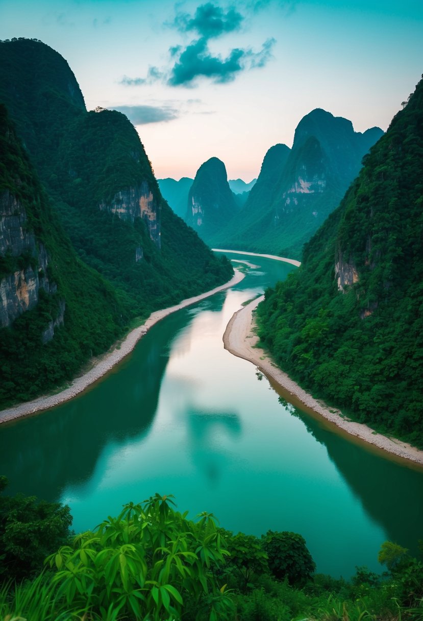 A serene river flowing through lush green mountains in Phong Nha, Vietnam