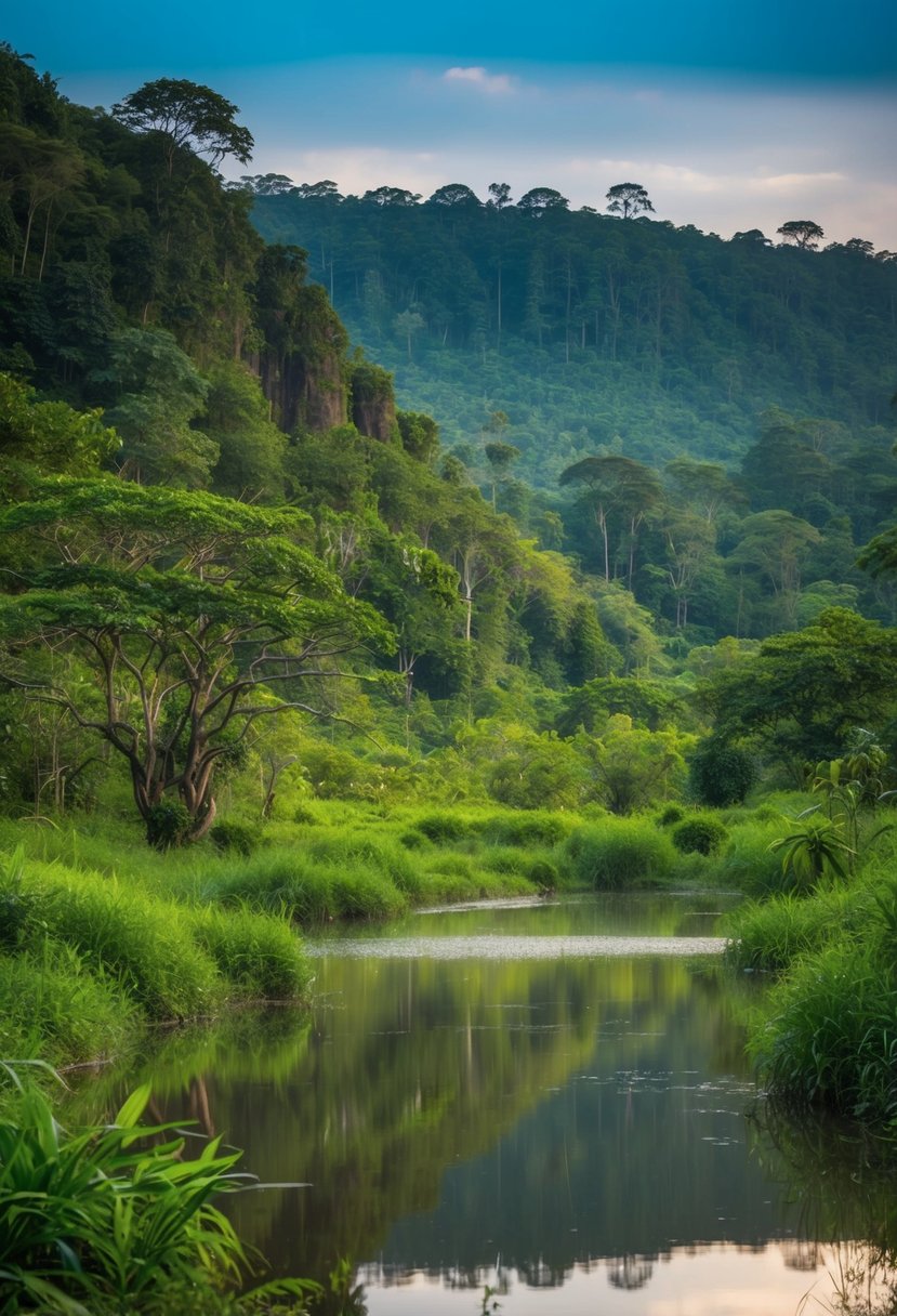 Lush jungle landscape with diverse wildlife and a tranquil atmosphere in Wayanad Wildlife Sanctuary, Kerala