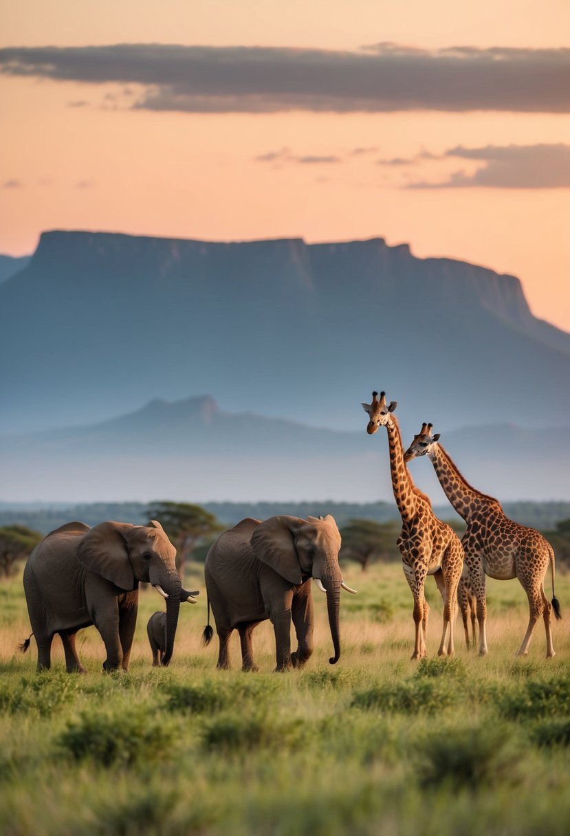 A family of elephants and giraffes roam the lush savanna, with a majestic mountain range in the distance