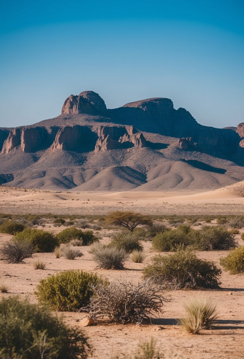 A serene desert landscape with rocky mountains, sparse vegetation, and a clear blue sky in Damaraland, Namibia