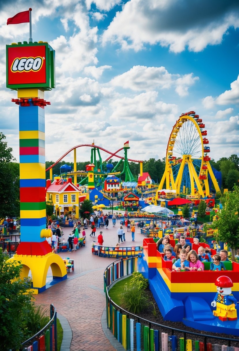 A colorful and bustling Legoland theme park in Billund, Denmark, with families enjoying rides, attractions, and Lego-themed landscapes