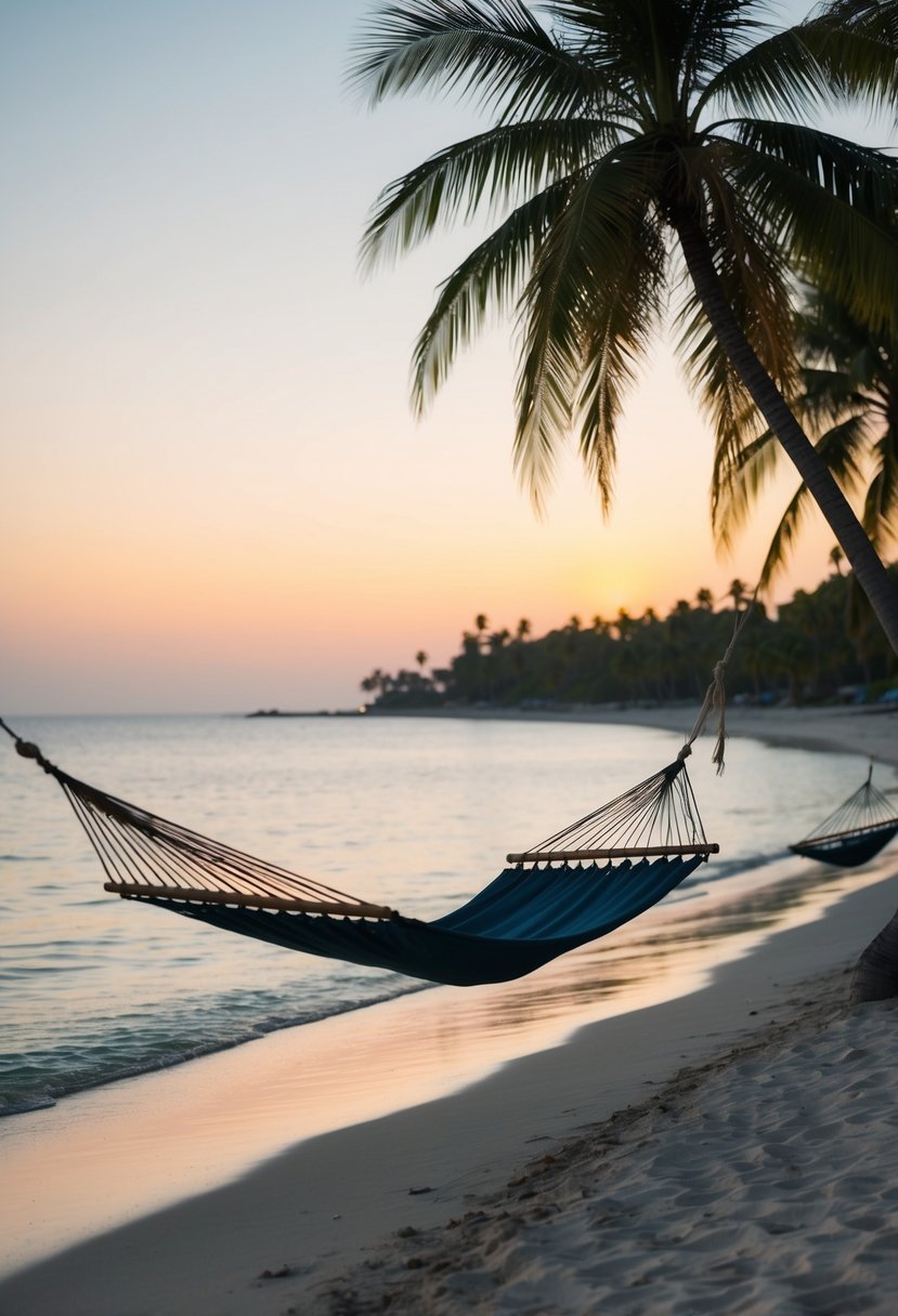 A serene beach at sunset, with palm trees lining the shore and a couple of hammocks swaying in the gentle breeze