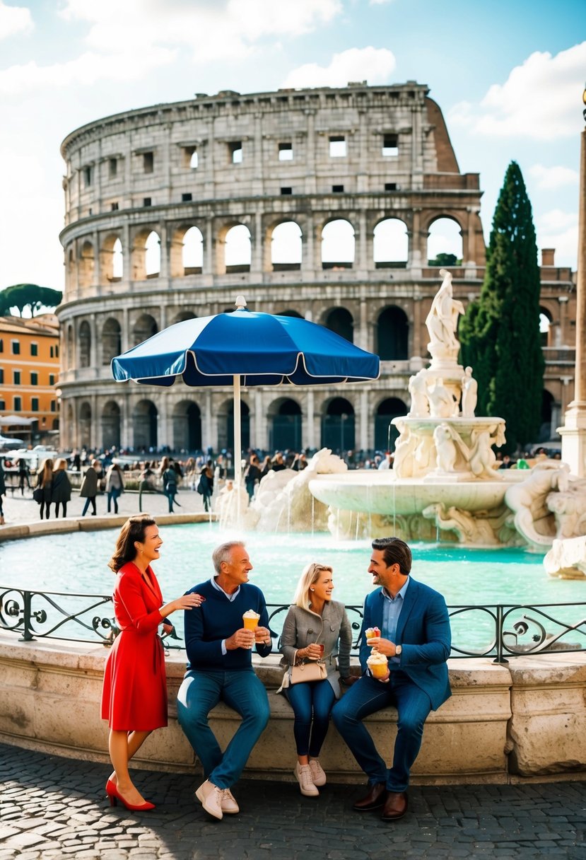 A bustling Roman piazza with a gelato stand and a family of four enjoying the iconic sights of the Colosseum and the Trevi Fountain