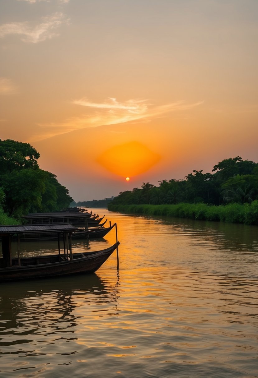 A serene sunset over the Mekong River in Luang Prabang, with traditional wooden boats and lush greenery lining the tranquil water's edge