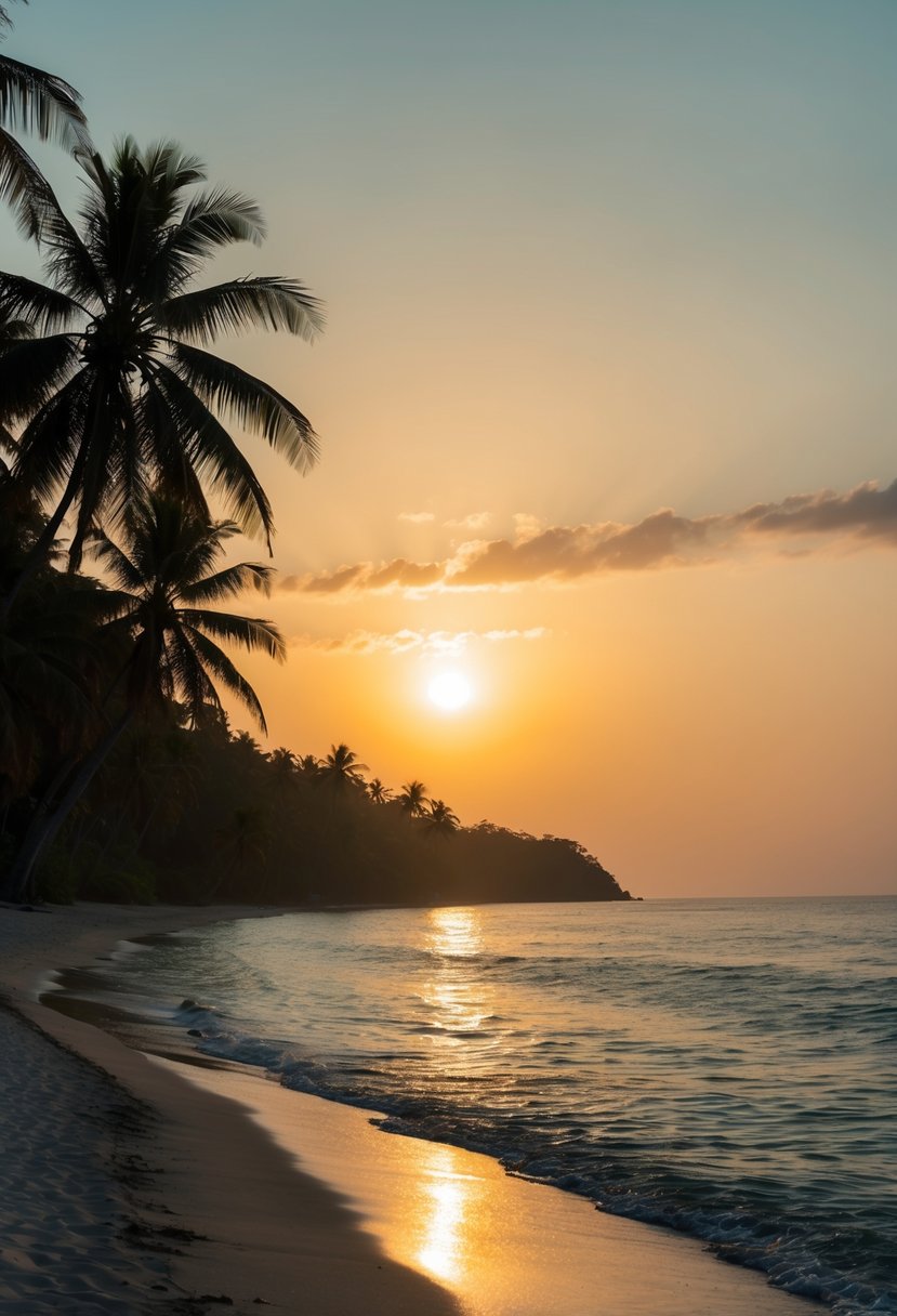 The sun sets over the palm-lined Kovalam Beach, casting a golden glow on the calm, turquoise waters and the sandy shore