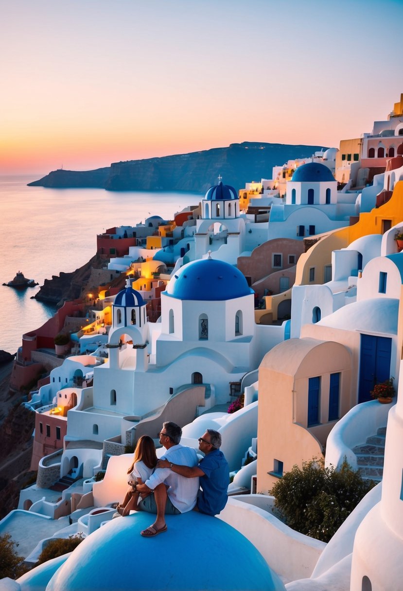 A family enjoys a picturesque sunset in Santorini, with white-washed buildings and blue-domed churches overlooking the crystal-clear waters of the Aegean Sea